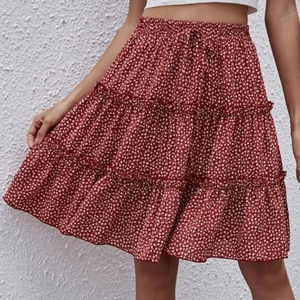 SHEIN Red Tiered Skirt with White Ditsy Print